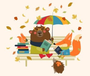 Fox,bear, hedgehog and little squirrel reading books on bench. Vector isolated illustration